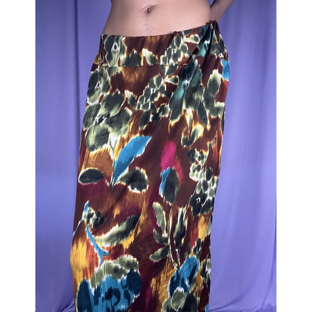 Passports Brown Floral Colorful Midi Skirt Size L Abstract Tropical Beach Boho